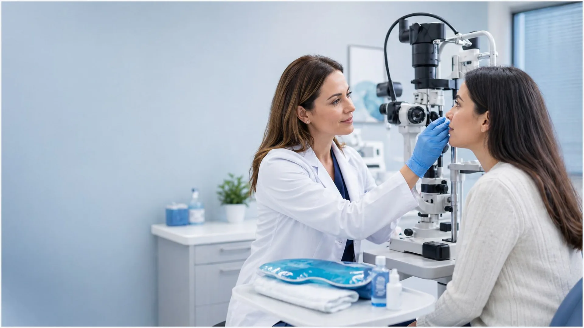 Clinician examining a patient's eyelid margin during a dry eye evaluation
