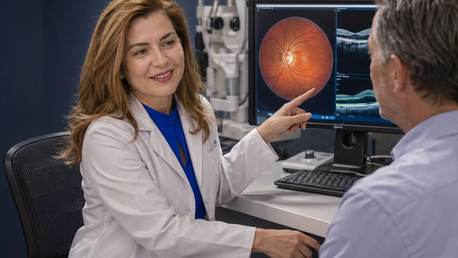 ophthalmologist reviewing retinal imaging results with a patient