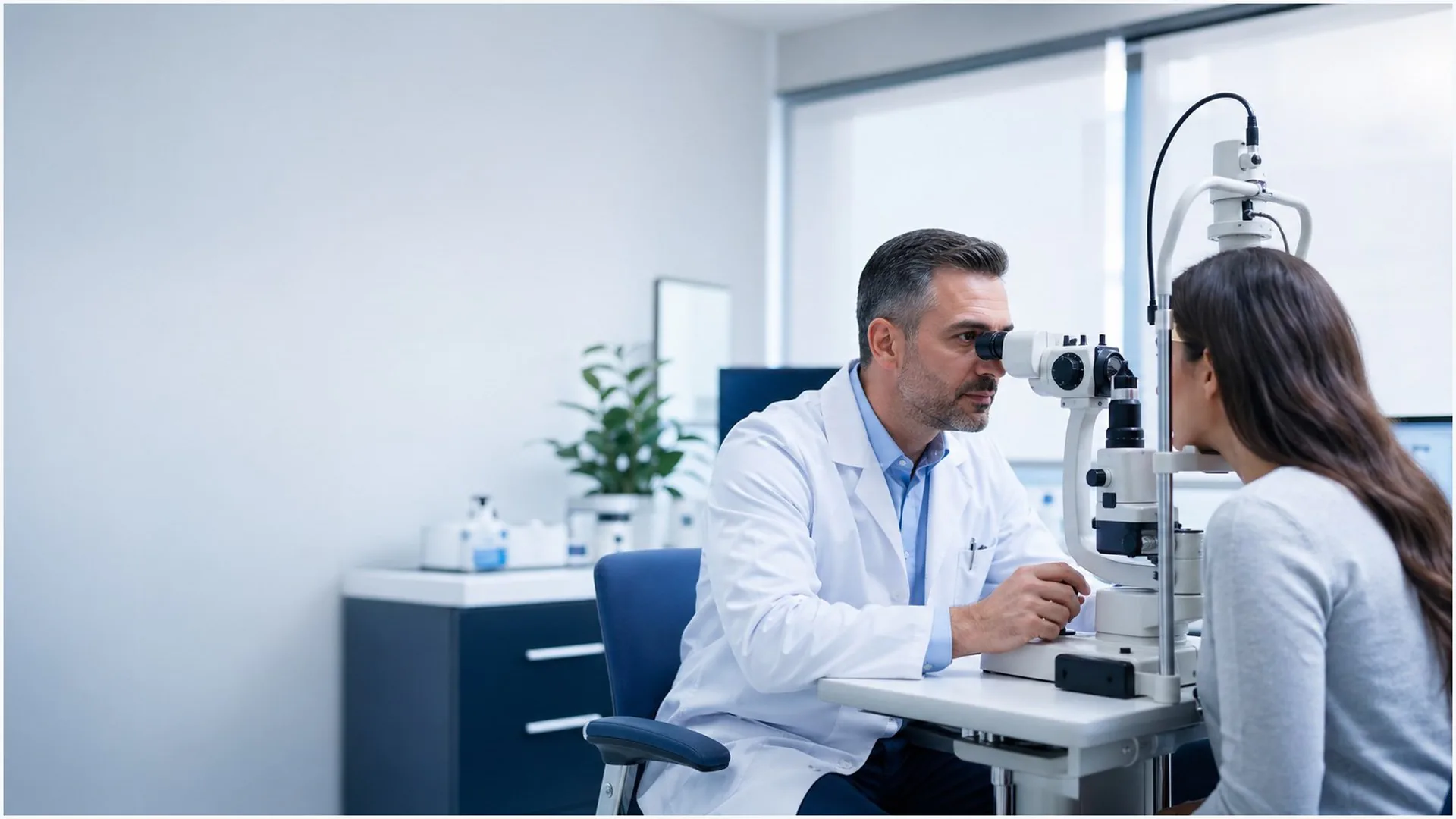 patient receiving a comprehensive eye exam with diagnostic equipment