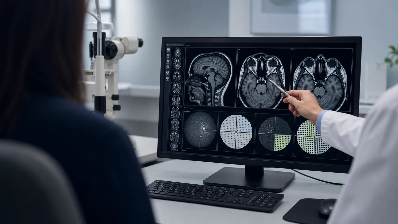 neuro-ophthalmologist reviewing brain and visual pathway imaging with a patient