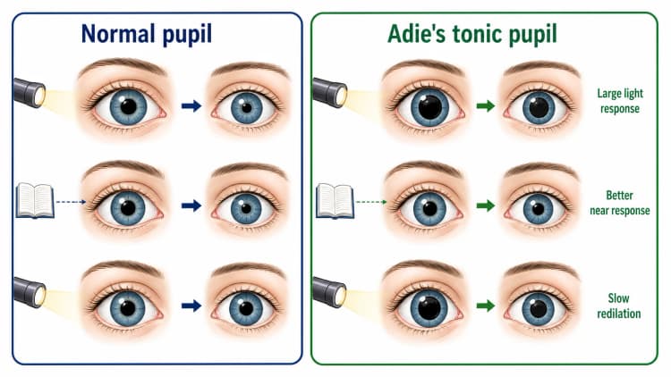 Adie's tonic pupil diagram comparing a normal brisk light response with a large pupil that has poor slow light response, better near response, and slow redilation