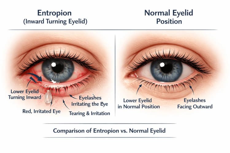 Medical illustration of entropion showing a lower eyelid turning inward with eyelashes pressing against the eye surface compared to a normal outward-facing eyelid position
