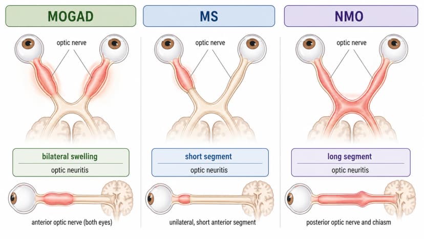 MOGAD optic neuritis comparison diagram showing bilateral swollen optic nerves and differences from MS and neuromyelitis optica patterns