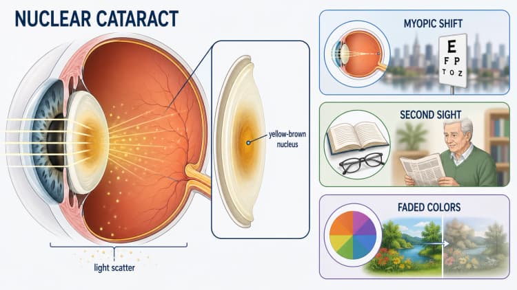 Nuclear cataract lens cross-section showing yellow-brown nuclear sclerosis, myopic shift, second sight, and faded color perception