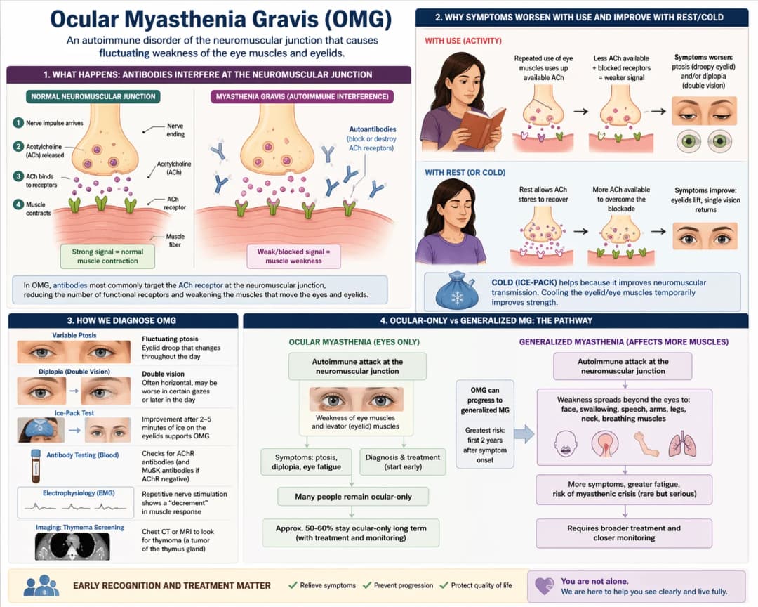 Ocular myasthenia gravis (OMG) infographic explaining the autoimmune attack on acetylcholine receptors at the neuromuscular junction, why eye symptoms like ptosis and double vision worsen with use and improve with rest or cold, how OMG is diagnosed with the ice-pack test, AChR and MuSK antibody testing, repetitive nerve stimulation EMG, and thymoma chest imaging, and the pathway from ocular-only to generalized myasthenia gravis