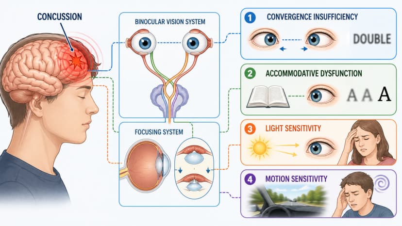 Post-traumatic vision syndrome diagram showing concussion-related convergence insufficiency, accommodative dysfunction, light sensitivity, and visual motion sensitivity