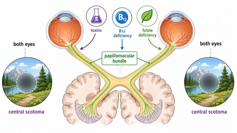 Toxic and nutritional optic neuropathy diagram showing papillomacular bundle damage from toxins, B12 deficiency, folate deficiency, and bilateral central scotomas
