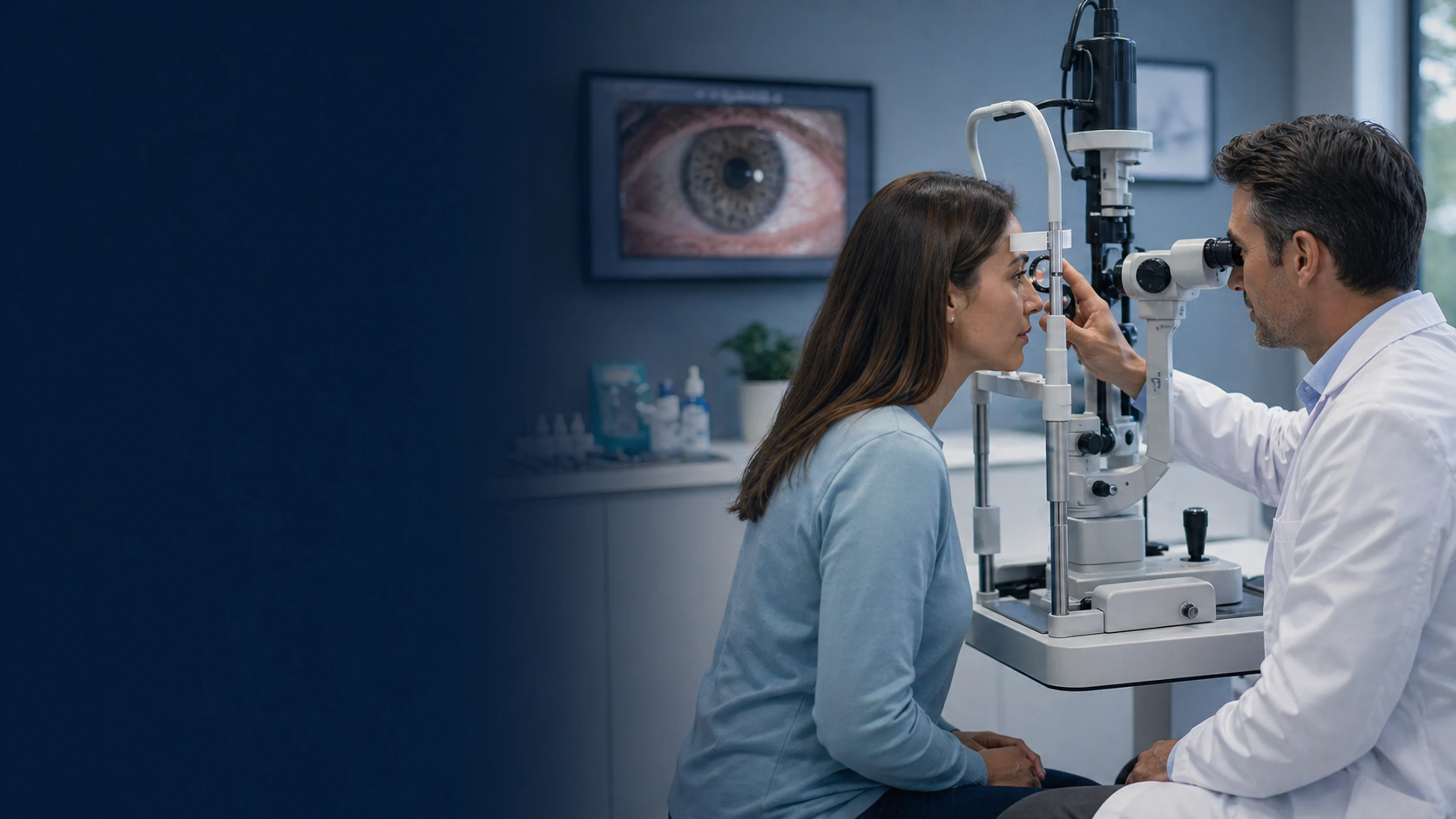 Clinician evaluating a patient for pink eye and eye infection symptoms