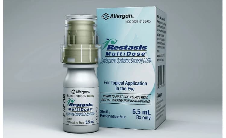 Restasis MultiDose cyclosporine ophthalmic emulsion 0.05% preservative-free bottle and packaging for dry eye treatment