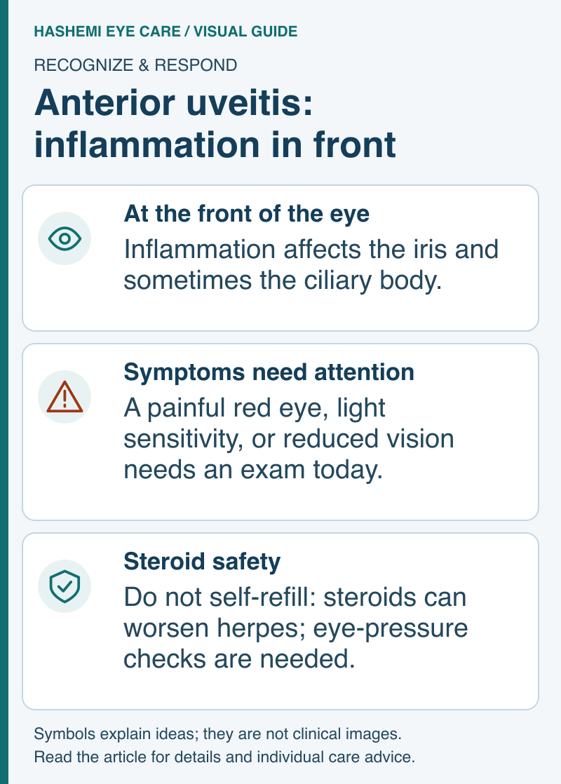 Educational schematic linking front-of-eye inflammation with urgent symptoms and supervised steroid treatment.