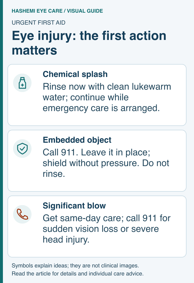 Educational schematic comparing first aid for chemical splash, embedded objects, and blunt eye injury.