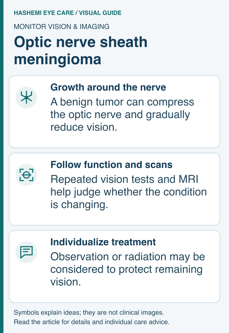 Educational schematic of a tumor around the optic nerve, combined vision and MRI monitoring, and individualized treatment.