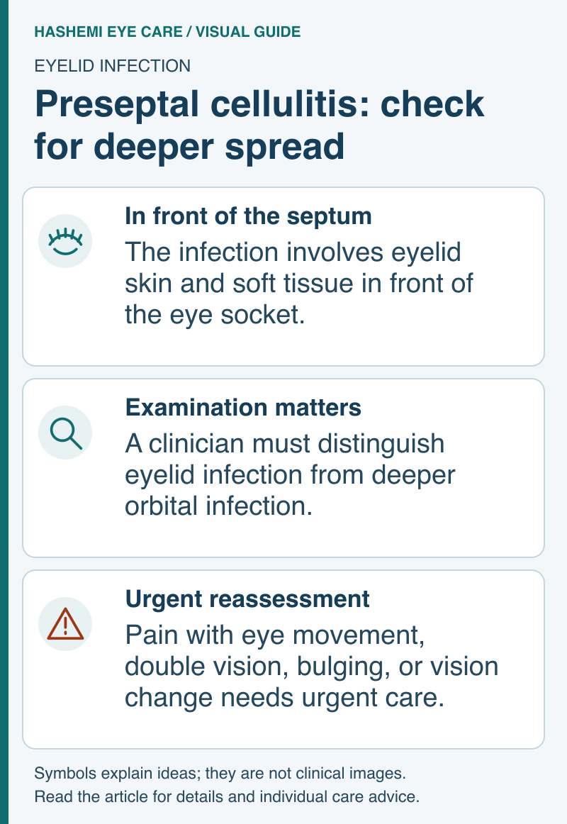 Educational schematic locating eyelid infection, explaining the need for examination, and listing deeper-infection warning signs.