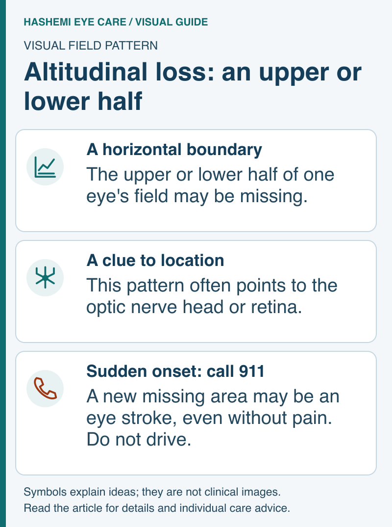 Educational schematic explaining upper or lower half-field loss, possible nerve or retinal causes, and emergency action for sudden onset.