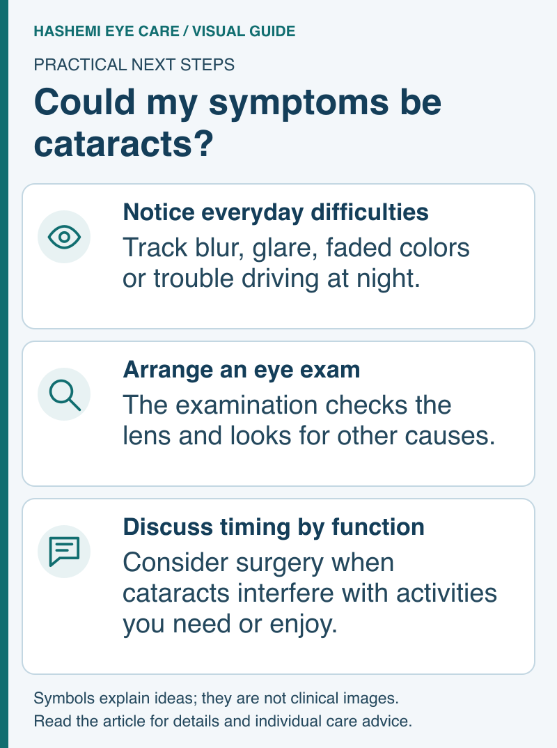 Cataract-guide schematic showing symptom tracking, an eye examination to check the cause, and surgery timing based on daily function.