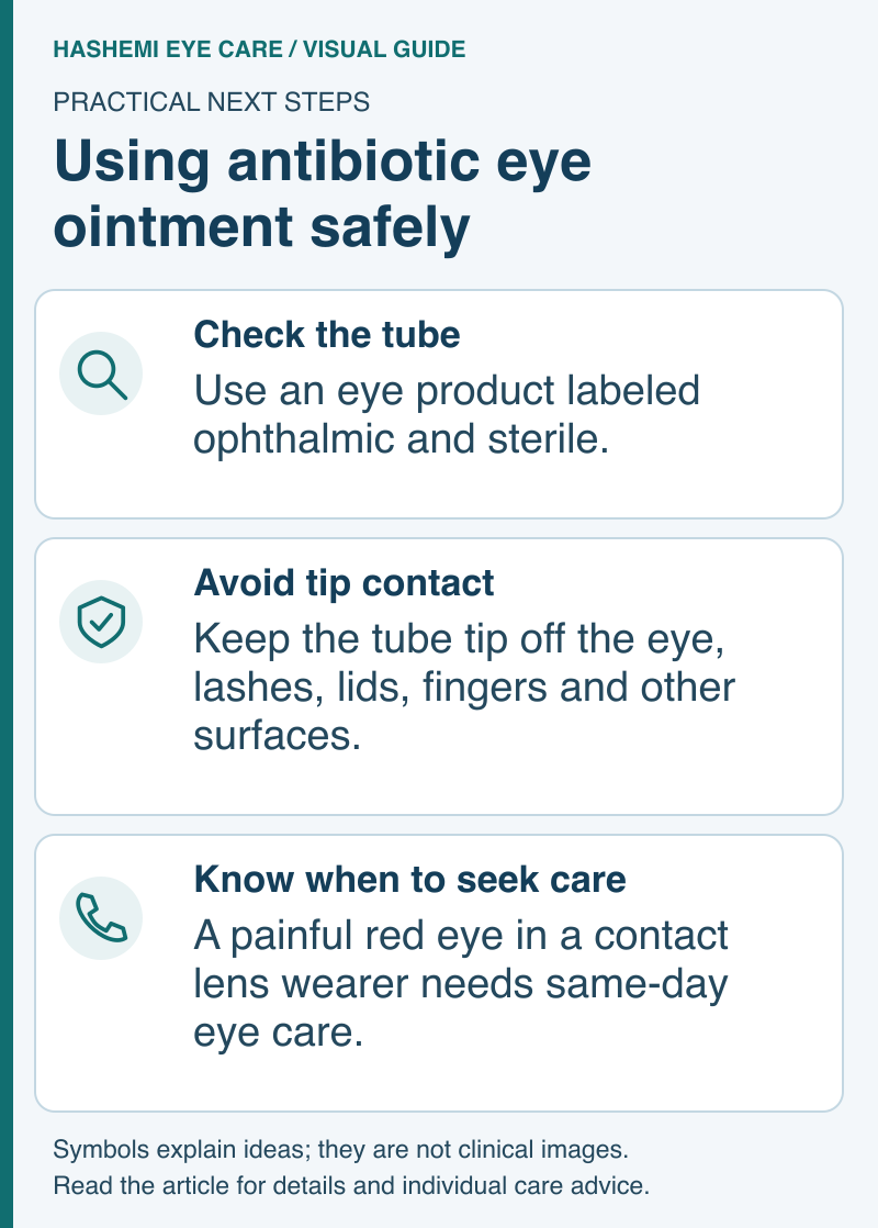 Antibiotic eye-ointment schematic showing label checks, prevention of tube-tip contamination, and same-day care for painful contact-lens-related red eye.