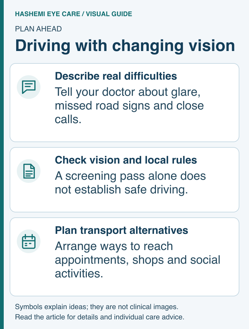 Driving-guide schematic showing discussion of real-world difficulties, individualized vision and licensing review, and planning alternative transport.