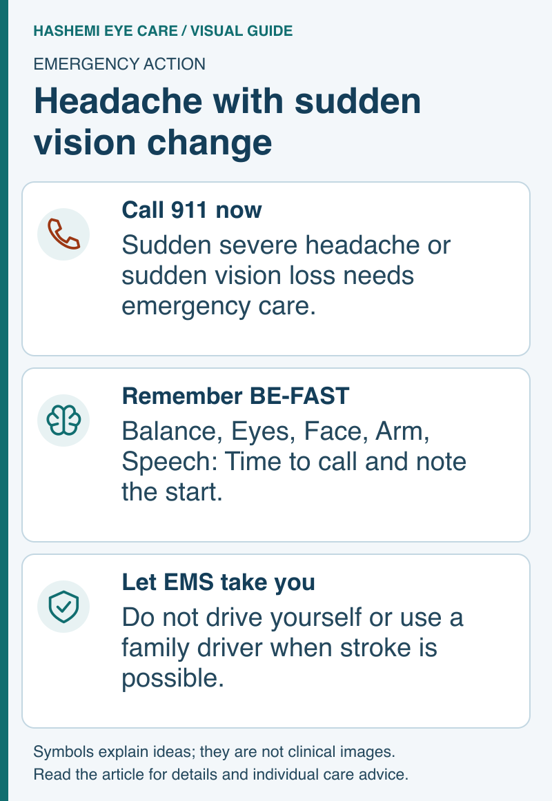 Emergency schematic: call 911 for sudden severe headache or vision loss, recognize BE-FAST signs, and use emergency medical services.