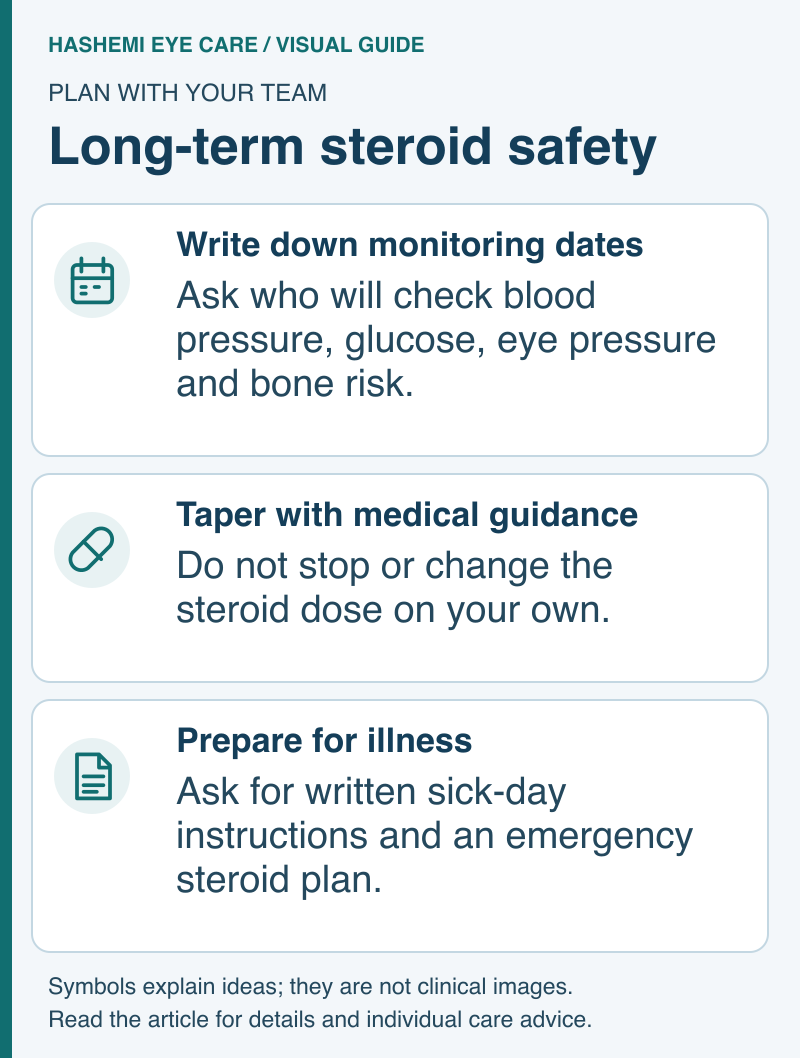 Steroid-safety schematic showing planned health checks, clinician-guided tapering, and written instructions for illness or emergencies.