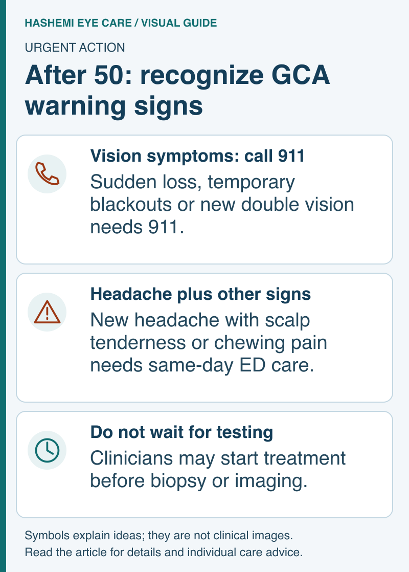 GCA warning schematic for adults over 50: call 911 for visual warning symptoms, seek same-day ED care for headache with scalp or chewing pain, and avoid testing delays.