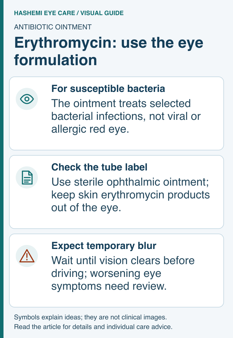 Educational schematic explaining appropriate bacterial use, ophthalmic product labeling, and temporary blur after erythromycin ointment.