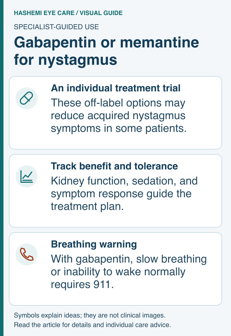 Educational schematic of individual off-label treatment trials, kidney and sedation monitoring, and gabapentin breathing warnings.