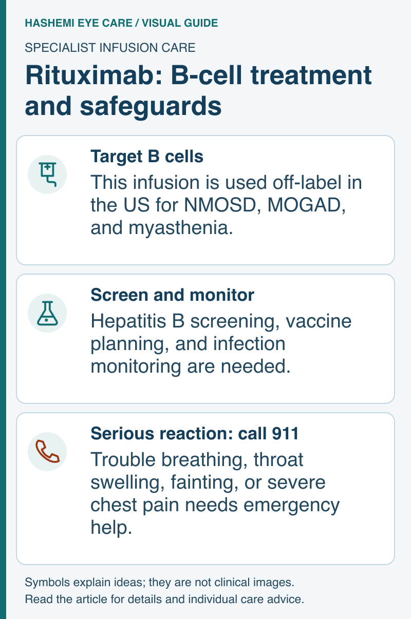 Educational schematic of off-label B-cell treatment, hepatitis and infection precautions, and emergency infusion-reaction symptoms.