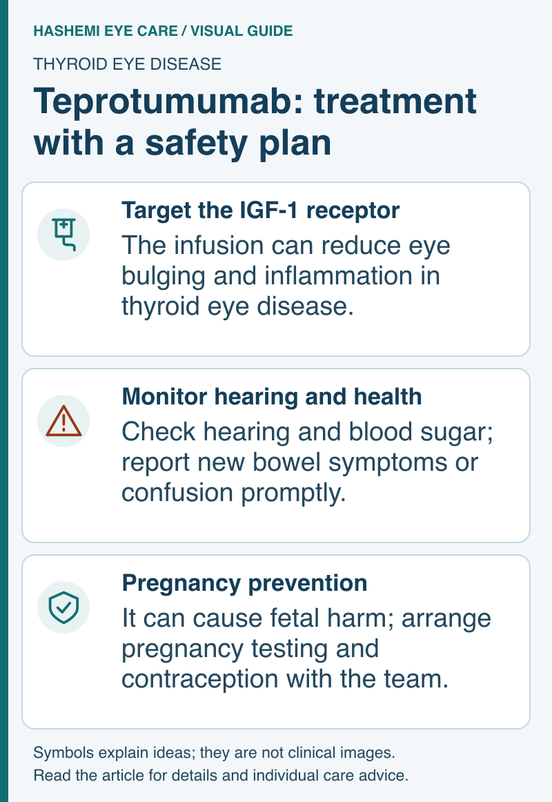 Educational schematic of teprotumumab treatment, hearing and other safety monitoring, and pregnancy-prevention planning.