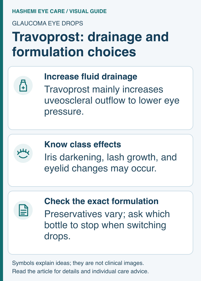 Educational schematic of travoprost outflow action, iris and eyelid changes, and formulation-specific prescribing decisions.