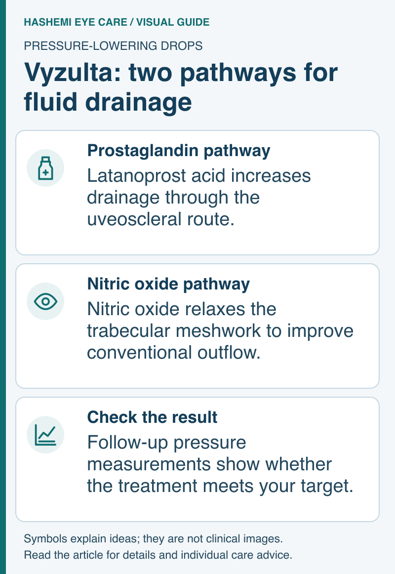 Educational schematic of Vyzulta uveoscleral and trabecular outflow pathways and follow-up pressure assessment.