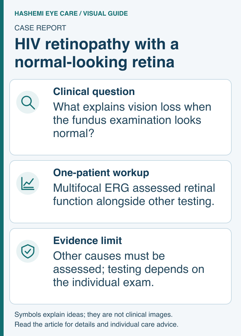 HIV retinopathy case schematic showing unexplained vision loss, retinal function testing with multifocal ERG, and evaluation for alternative causes.