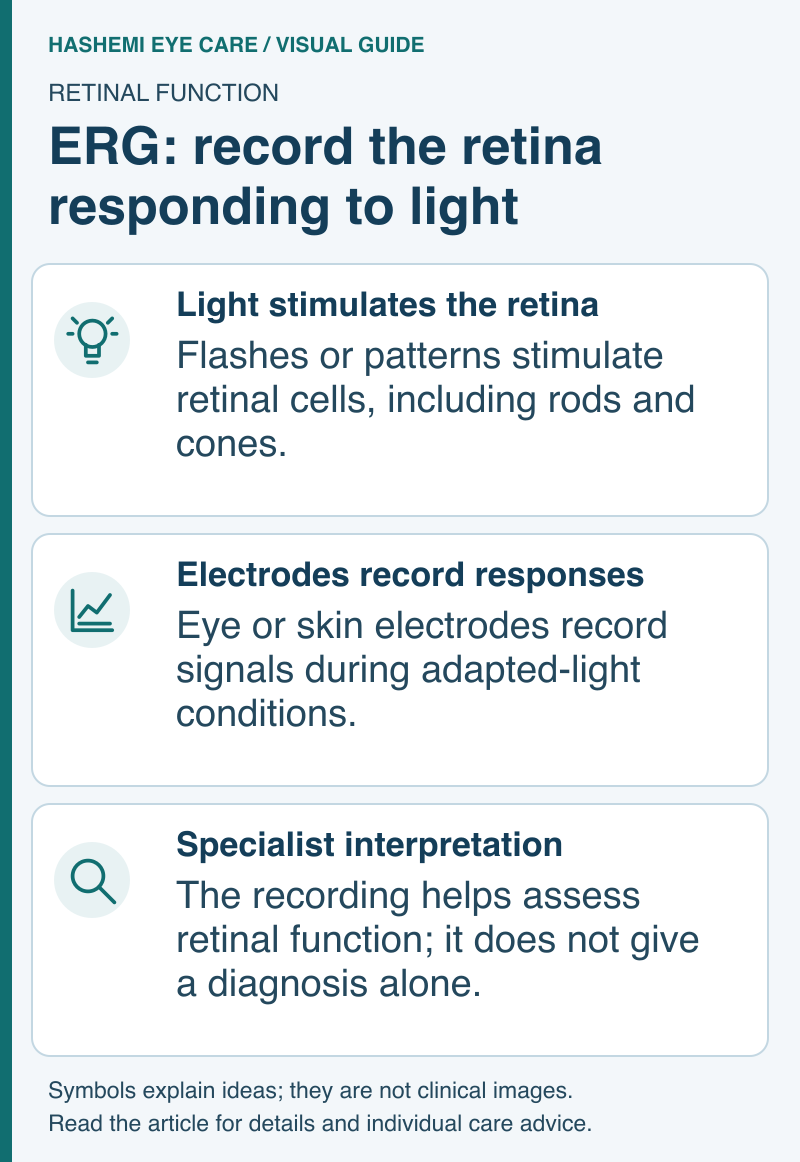Educational schematic showing retinal light stimulation, electrical recording, and specialist interpretation of an ERG.