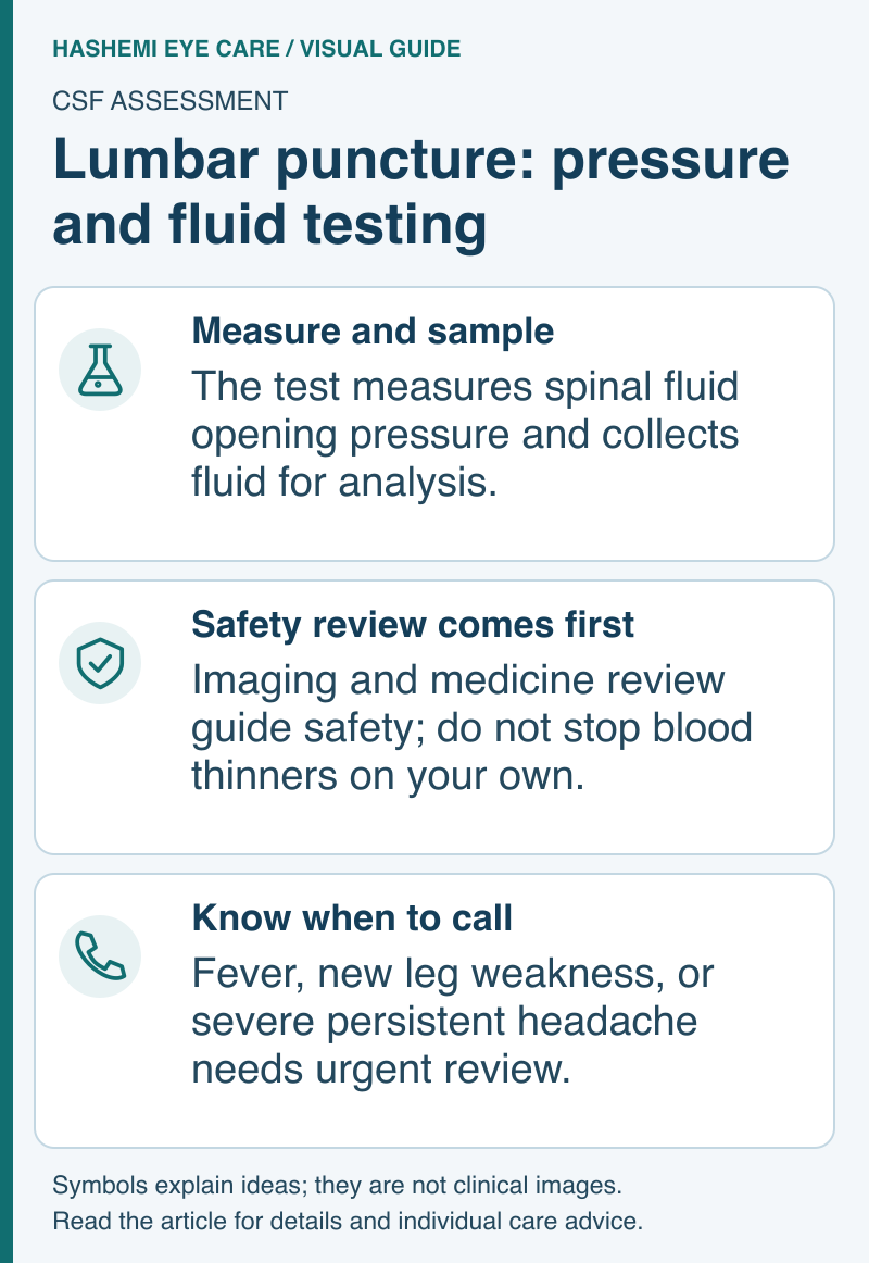 Educational schematic of cerebrospinal fluid measurement, preprocedure safety checks, and urgent symptoms after lumbar puncture.