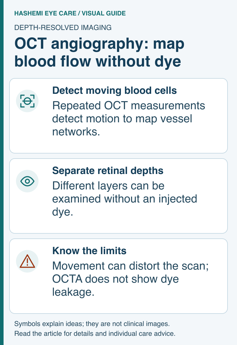 Educational schematic showing motion-based vessel mapping at different retinal depths and key OCT angiography limitations.