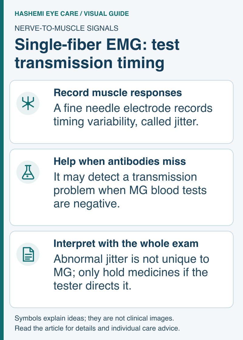 Educational schematic of muscle response recording, its role after negative antibodies, and clinical and medication context.