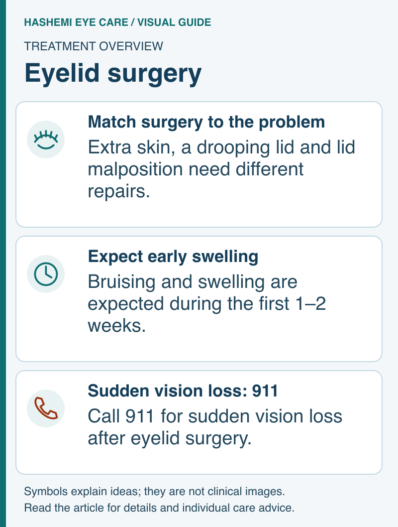 Eyelid-surgery schematic showing procedure selection, expected early swelling, and calling 911 for sudden postoperative vision loss.