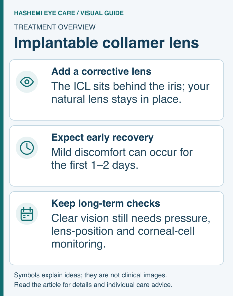 ICL schematic showing a lens added behind the iris, early discomfort, and ongoing eye-pressure, lens-position and corneal-cell checks.