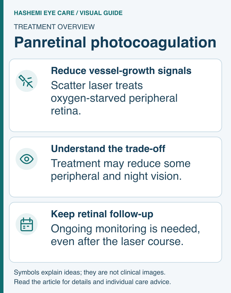 PRP schematic showing scatter laser reducing abnormal-vessel signals, possible side and night-vision trade-offs, and continued retinal monitoring.