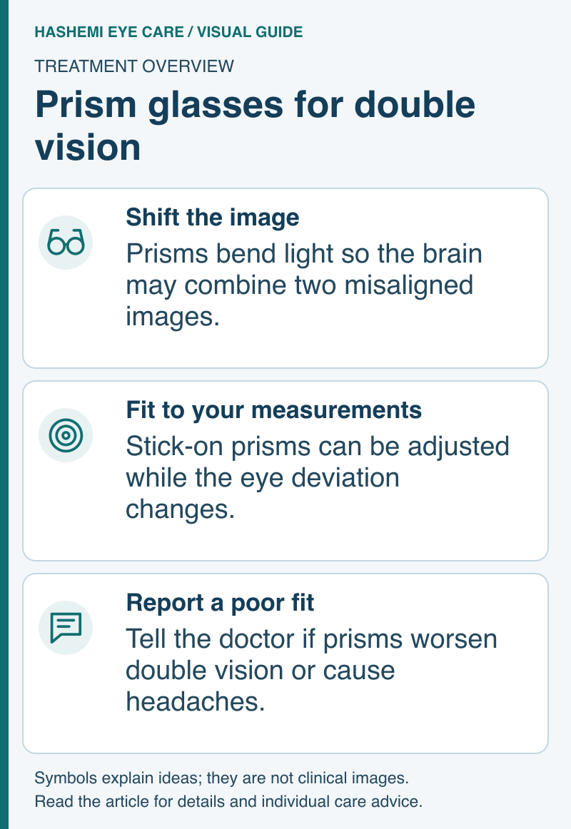 Prism-glasses schematic showing light bending to align images, adjustment for changing eye deviation, and reporting persistent or worsening symptoms.