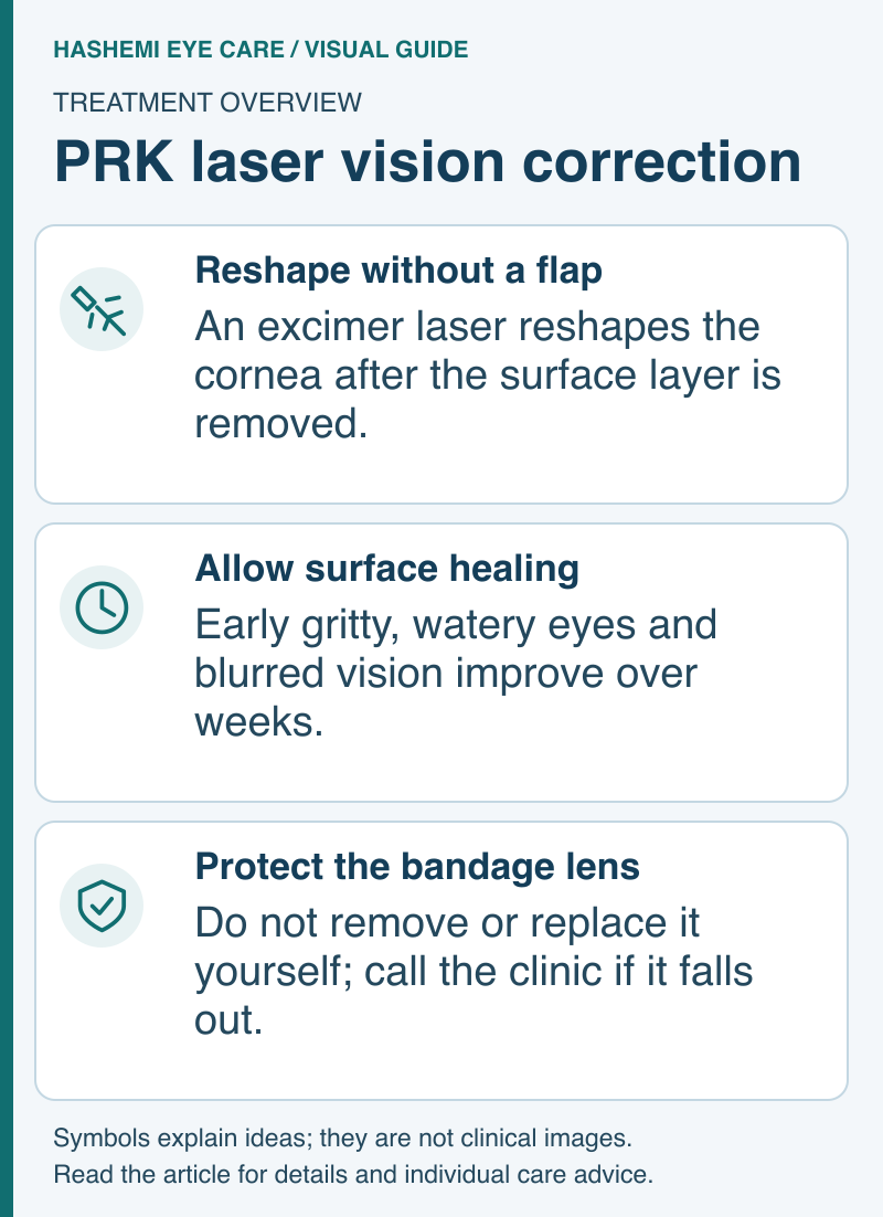 PRK schematic showing corneal surface reshaping without a flap, gradual healing, and protection of the postoperative bandage contact lens.