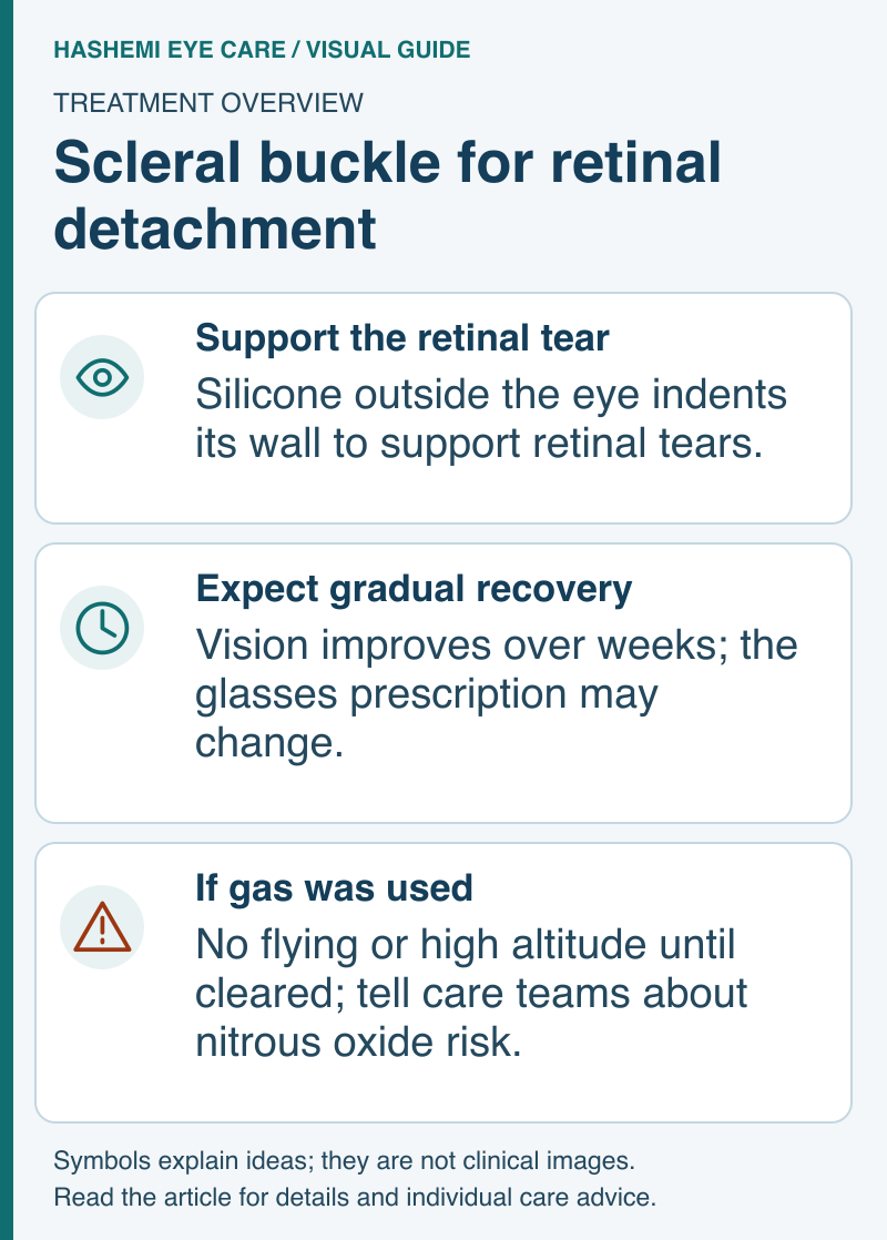 Scleral-buckle schematic showing external support of retinal tears, gradual recovery, and special travel and anesthesia precautions if eye gas is used.