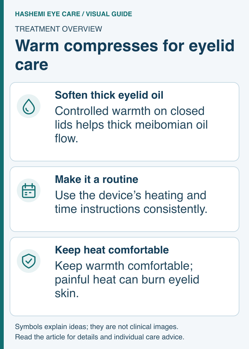 Warm-compress schematic showing softened eyelid oil, a consistent device-guided routine, and comfortable heat that avoids burns.