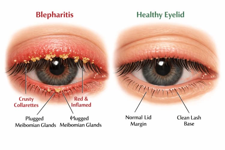 Close-up comparison of blepharitis with crusty collarettes at the eyelash base, red inflamed lid margin, and plugged meibomian glands versus a healthy eyelid with clean lash base