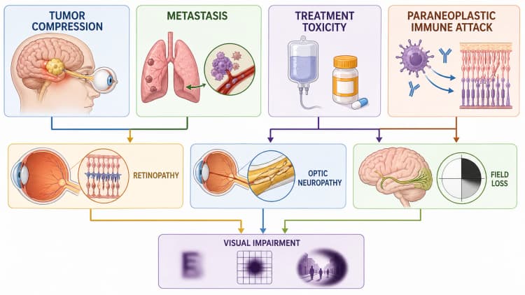 Cancer-associated visual syndromes flow diagram showing tumor compression, metastasis, treatment toxicity, and paraneoplastic immune attack causing retinopathy, optic neuropathy, and field loss