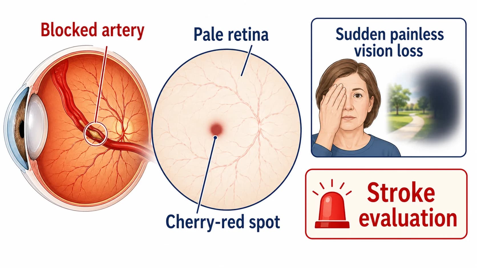 Eye-stroke illustration showing urgent retinal blood flow blockage