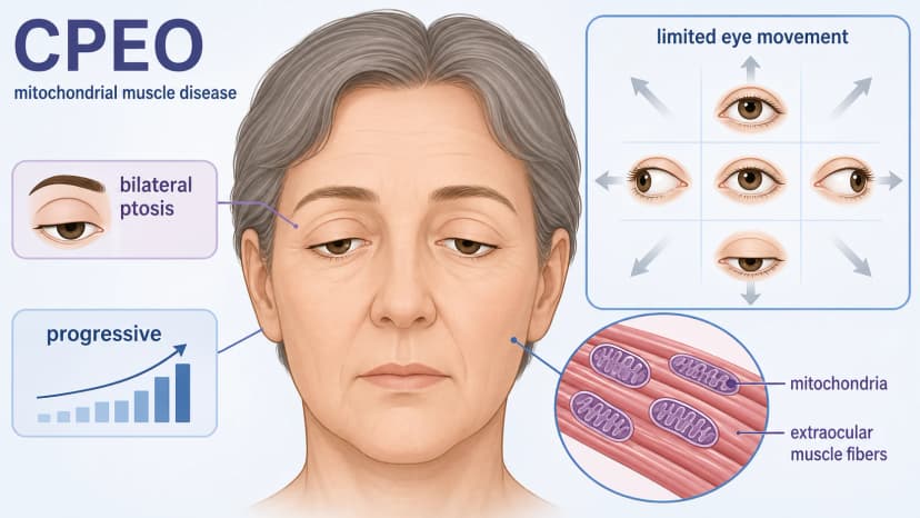 Chronic progressive external ophthalmoplegia diagram showing mitochondrial muscle disease, bilateral ptosis, and limited eye movement in all directions