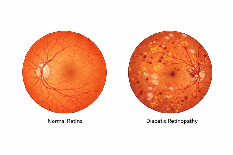 Fundoscopic view comparing a normal retina to diabetic retinopathy showing dot-blot hemorrhages, hard yellow exudates, cotton-wool spots, and abnormal new blood vessel growth