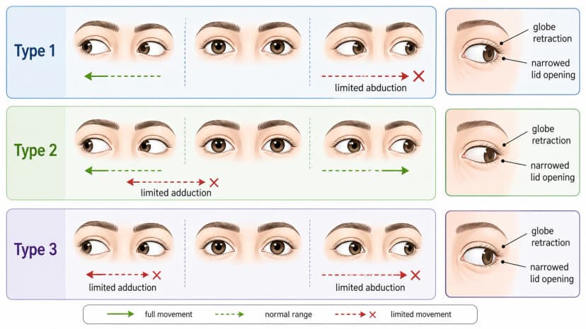 Duane syndrome eye movement diagram showing limited abduction or adduction, globe retraction, and narrowed eyelid opening on adduction