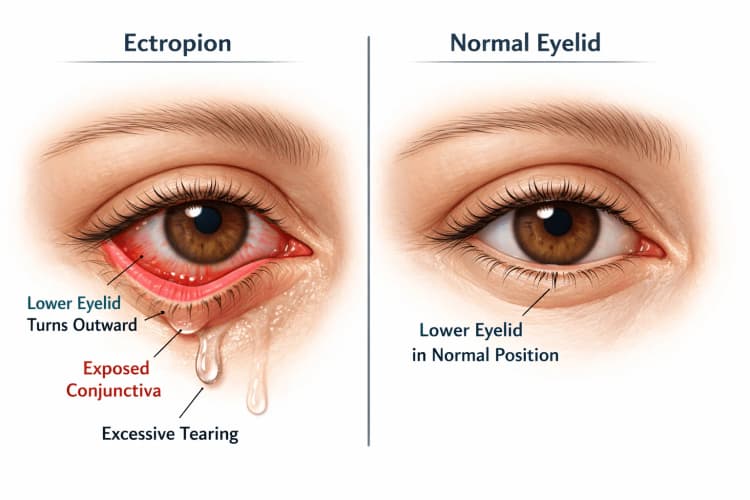 Medical illustration of ectropion showing a lower eyelid sagging outward exposing the inner pink conjunctival surface with excessive tearing compared to a normal eyelid position
