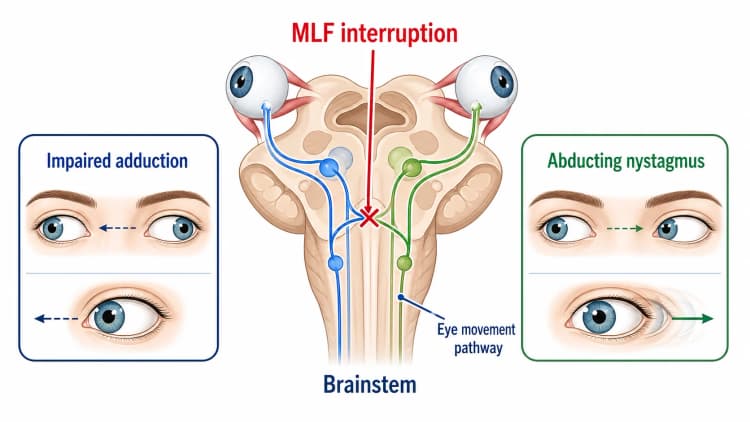 Internuclear ophthalmoplegia diagram showing a left INO from MLF interruption with left eye impaired adduction and right eye abducting nystagmus